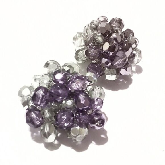 Vintage Mid Century Purple Crystal Cluster Clip Earrings - Picture 2 of 5